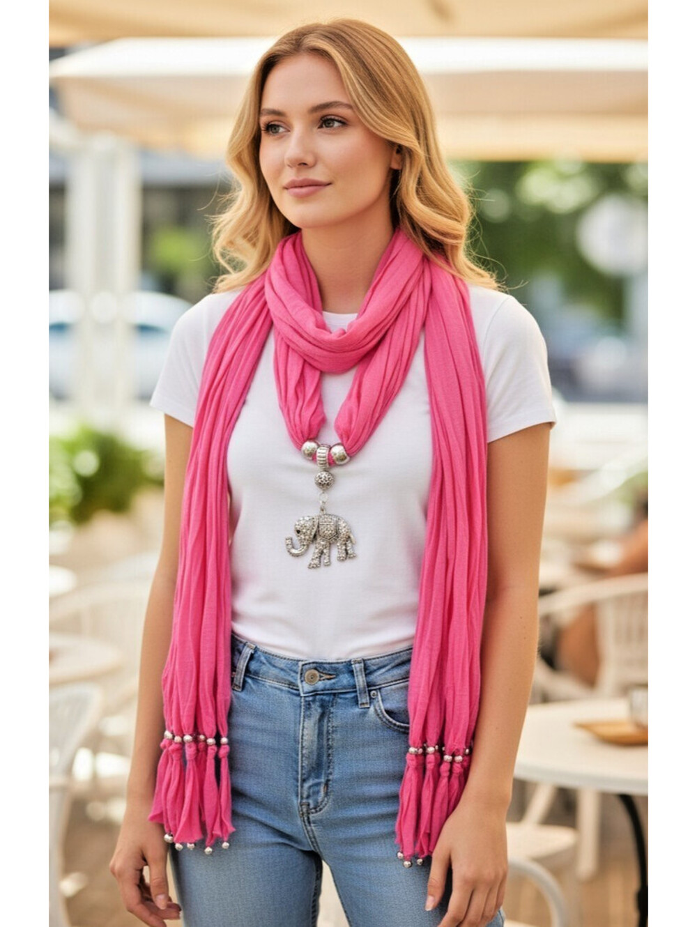 Elephant Rhinestone Pendant Silver Beaded Jewelry on Pink Scarf Necklace NWT